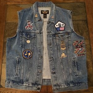 Vintage 80s 90s Harley Davidson Denim Vest XL Biker Patches Pins Betty Boop TX